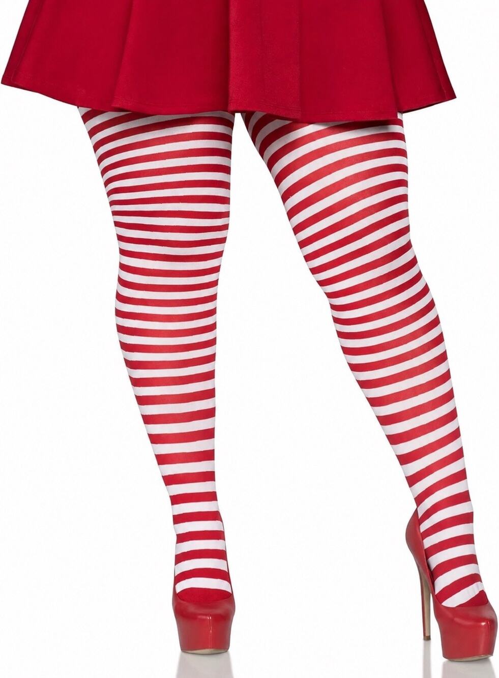 Leg Avenue Women plus 3X-4X Nylon Striped Tights White/Red Halloween Christmas
